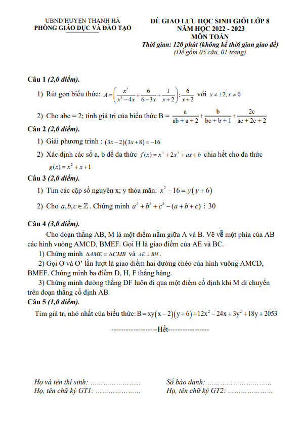 Đề giao lưu HSG Toán 8 năm 2022 – 2023 phòng GD&ĐT Thanh Hà – Hải Dương