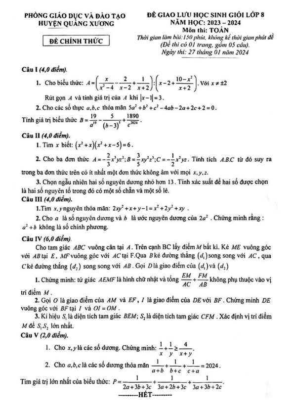 Đề giao lưu HSG Toán 8 năm 2023 – 2024 phòng GD&ĐT Quảng Xương – Thanh Hoá