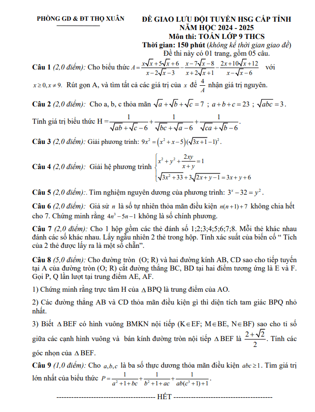 Đề giao lưu HSG Toán 9 năm 2024 – 2025 phòng GD&ĐT Thọ Xuân – Thanh Hoá