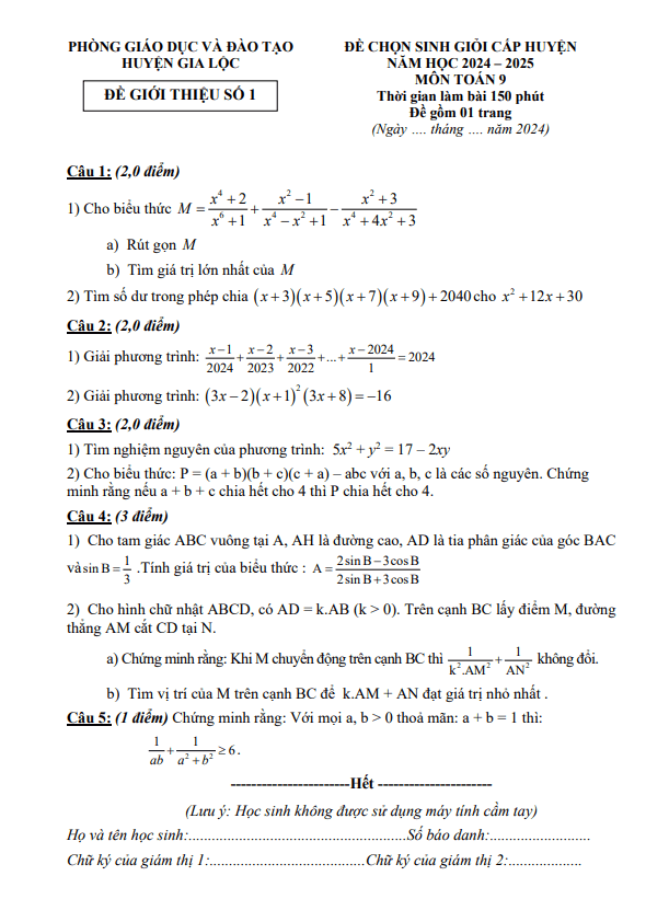 Đề giới thiệu thi HSG Toán 9 năm 2024 – 2025 phòng GD&ĐT Gia Lộc – Hải Dương