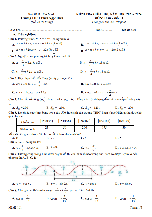 Đề giữa HK1 Toán 11 năm 2023 – 2024 trường THPT Phan Ngọc Hiển – Cà Mau