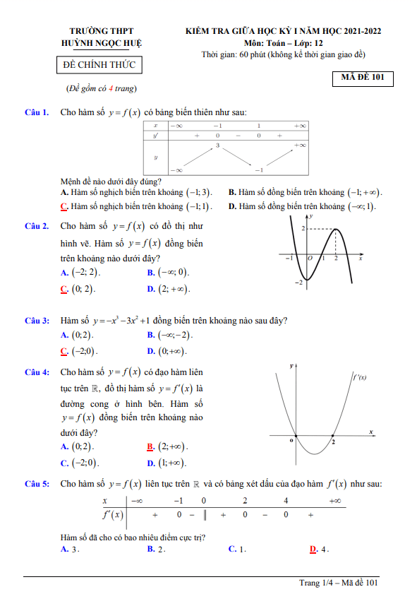Đề giữa HK1 Toán 12 năm 2021 – 2022 trường THPT Huỳnh Ngọc Huệ – Quảng Nam