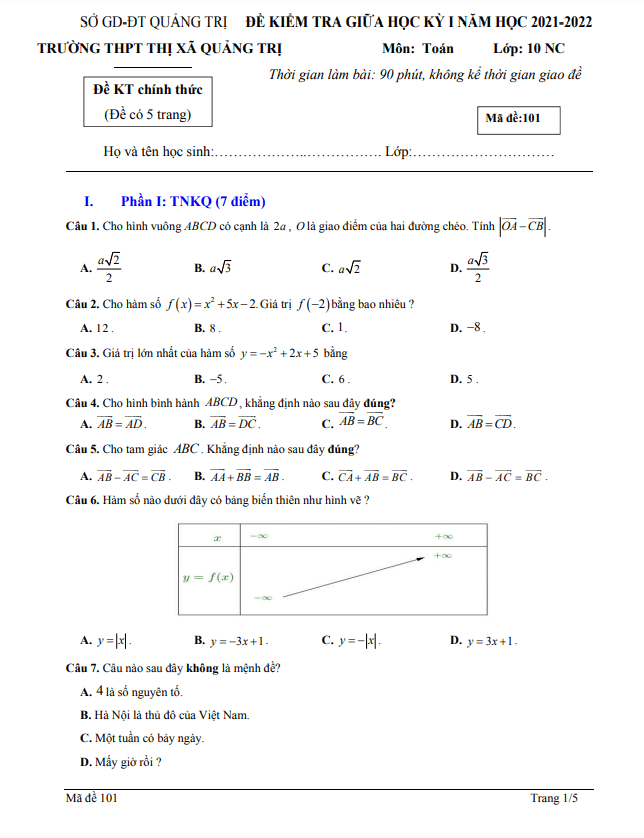 Đề giữa học kì 1 Toán 10 năm 2021 – 2022 trường THPT Thị xã Quảng Trị