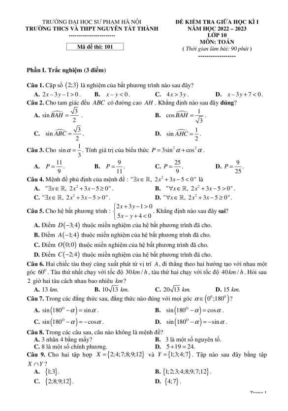 Đề giữa học kì 1 Toán 10 năm 2022 – 2023 trường Nguyễn Tất Thành – Hà Nội
