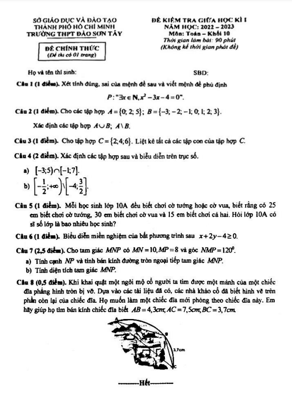 Đề giữa học kì 1 Toán 10 năm 2022 – 2023 trường THPT Đào Sơn Tây – TP HCM