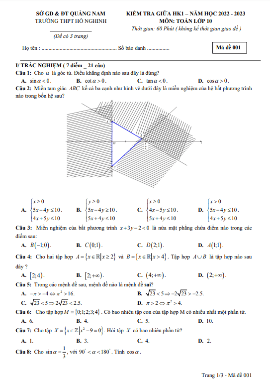 Đề giữa học kì 1 Toán 10 năm 2022 – 2023 trường THPT Hồ Nghinh – Quảng Nam