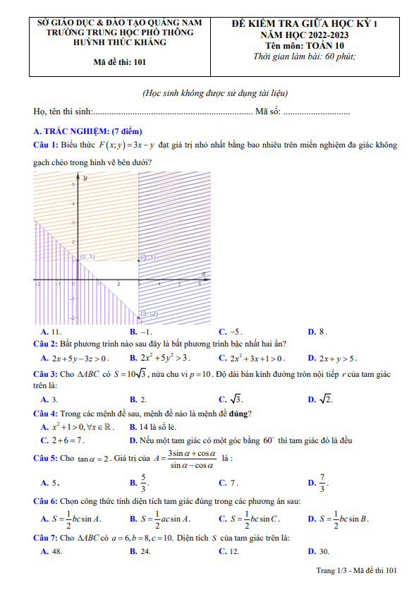 Đề giữa học kì 1 Toán 10 năm 2022 – 2023 trường THPT Huỳnh Thúc Kháng – Quảng Nam