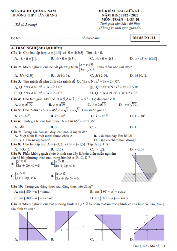 Đề giữa học kì 1 Toán 10 năm 2022 – 2023 trường THPT Tây Giang – Quảng Nam