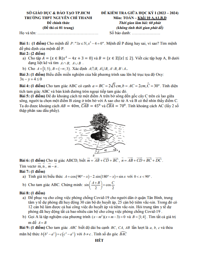 Đề giữa học kì 1 Toán 10 năm 2023 – 2024 trường THPT Nguyễn Chí Thanh – TP HCM