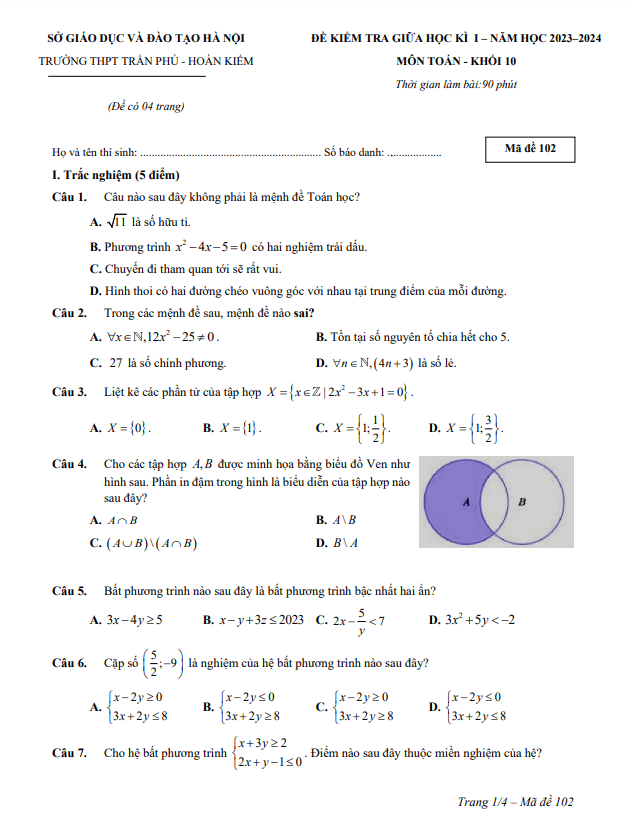 Đề giữa học kì 1 Toán 10 năm 2023 – 2024 trường THPT Trần Phú – Hà Nội