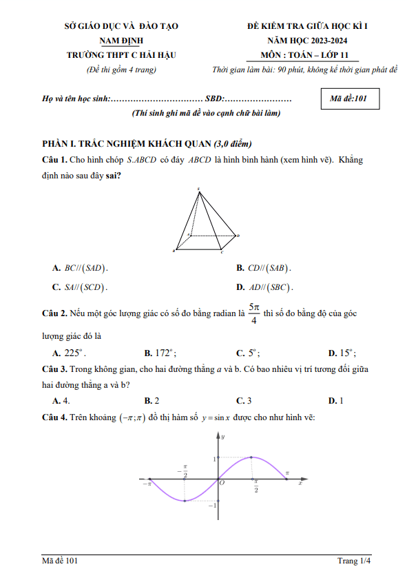 Đề giữa học kì 1 Toán 11 năm 2023 – 2024 trường THPT C Hải Hậu – Nam Định