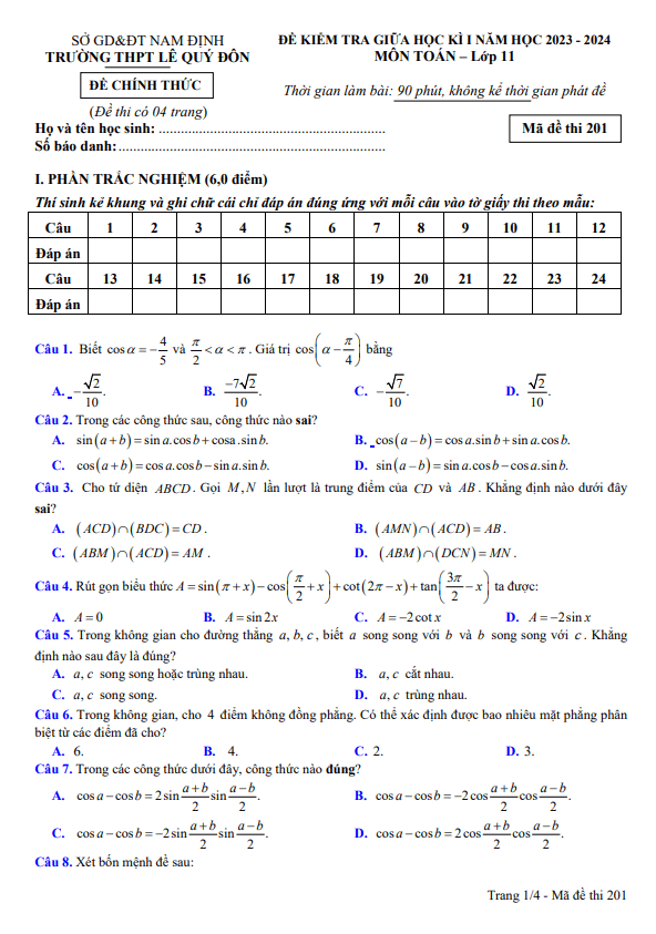 Đề giữa học kì 1 Toán 11 năm 2023 – 2024 trường THPT Lê Quý Đôn – Nam Định
