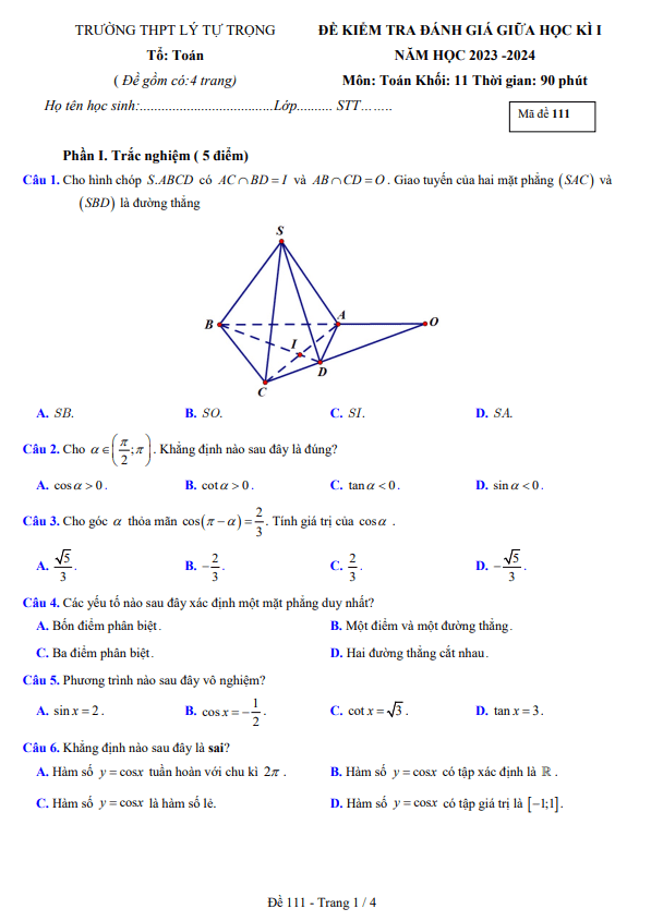 Đề giữa học kì 1 Toán 11 năm 2023 – 2024 trường THPT Lý Tự Trọng – Khánh Hòa