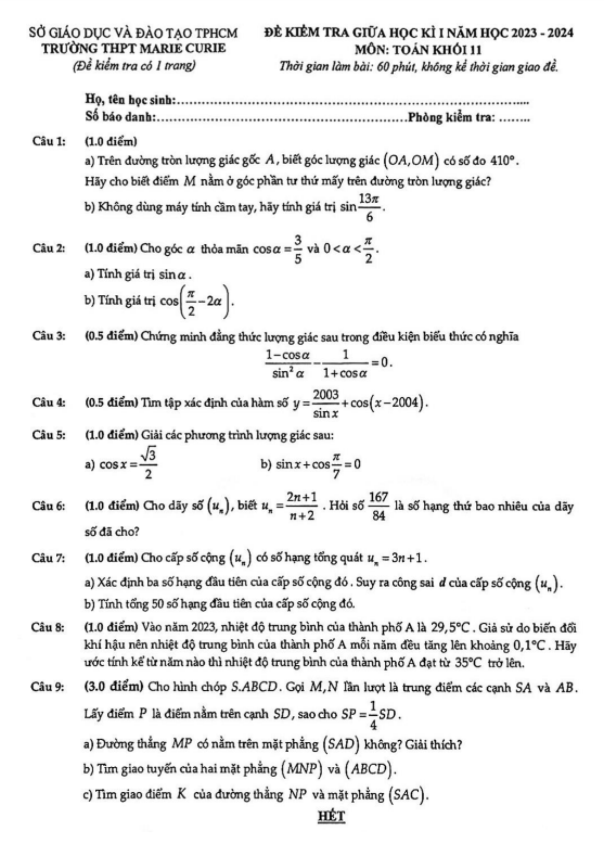 Đề giữa học kì 1 Toán 11 năm 2023 – 2024 trường THPT Marie Curie – TP HCM