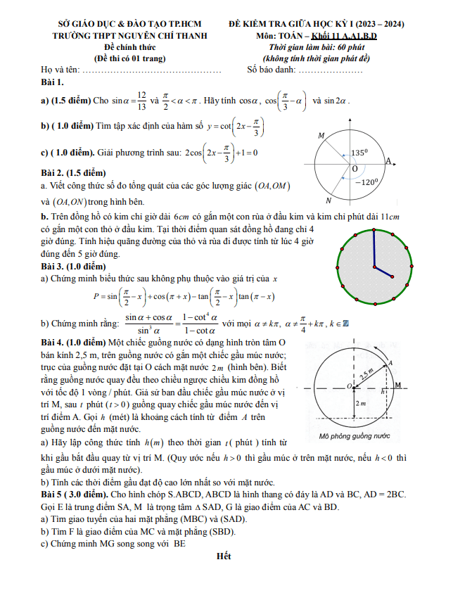 Đề giữa học kì 1 Toán 11 năm 2023 – 2024 trường THPT Nguyễn Chí Thanh – TP HCM