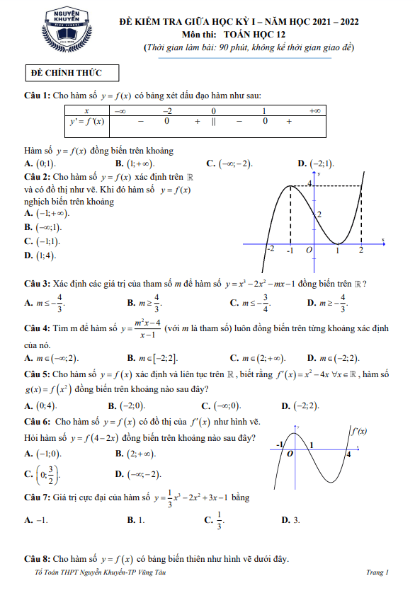 Đề giữa học kì 1 Toán 12 năm 2021 – 2022 trường THPT Nguyễn Khuyến – BR VT