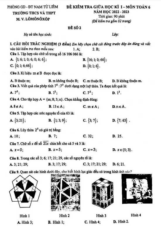 Đề giữa học kì 1 Toán 6 năm 2022 – 2023 trường M.V. Lômônôxốp – Hà Nội