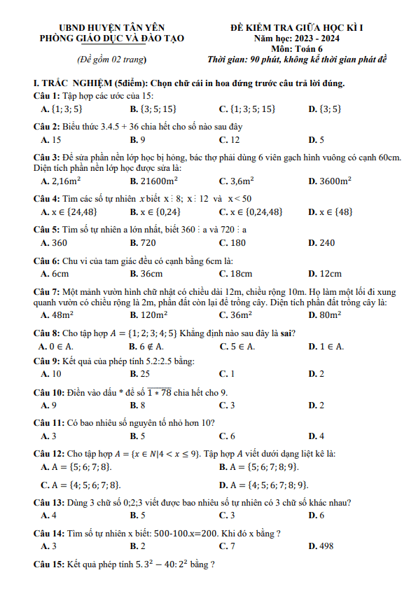 Đề giữa học kì 1 Toán 6 năm 2023 – 2024 phòng GD&ĐT Tân Yên – Bắc Giang