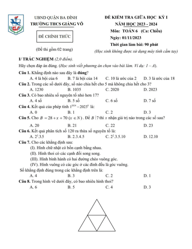 Đề giữa học kì 1 Toán 6 năm 2023 – 2024 trường THCS Giảng Võ – Hà Nội