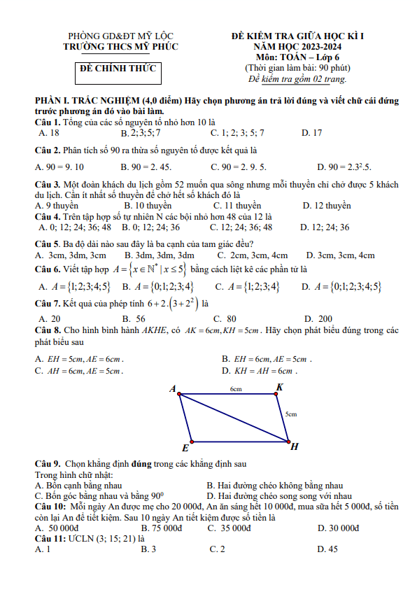 Đề giữa học kì 1 Toán 6 năm 2023 – 2024 trường THCS Mỹ Phúc – Nam Định