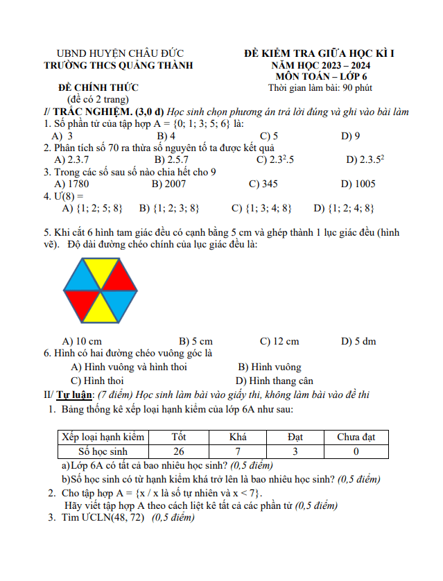 Đề giữa học kì 1 Toán 6 năm 2023 – 2024 trường THCS Quảng Thành – BR VT