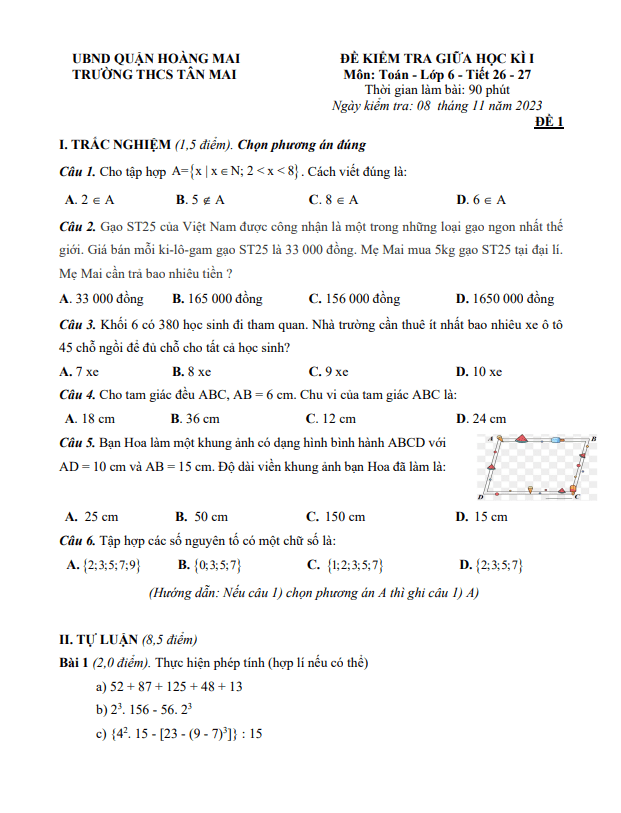 Đề giữa học kì 1 Toán 6 năm 2023 – 2024 trường THCS Tân Mai – Hà Nội