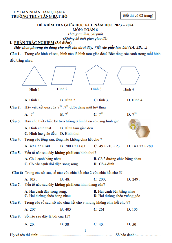 Đề giữa học kì 1 Toán 6 năm 2023 – 2024 trường THCS Tăng Bạt Hổ – TP HCM