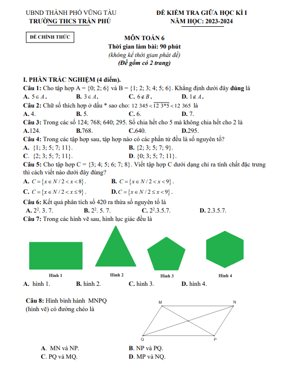Đề giữa học kì 1 Toán 6 năm 2023 – 2024 trường THCS Trần Phú – BR VT