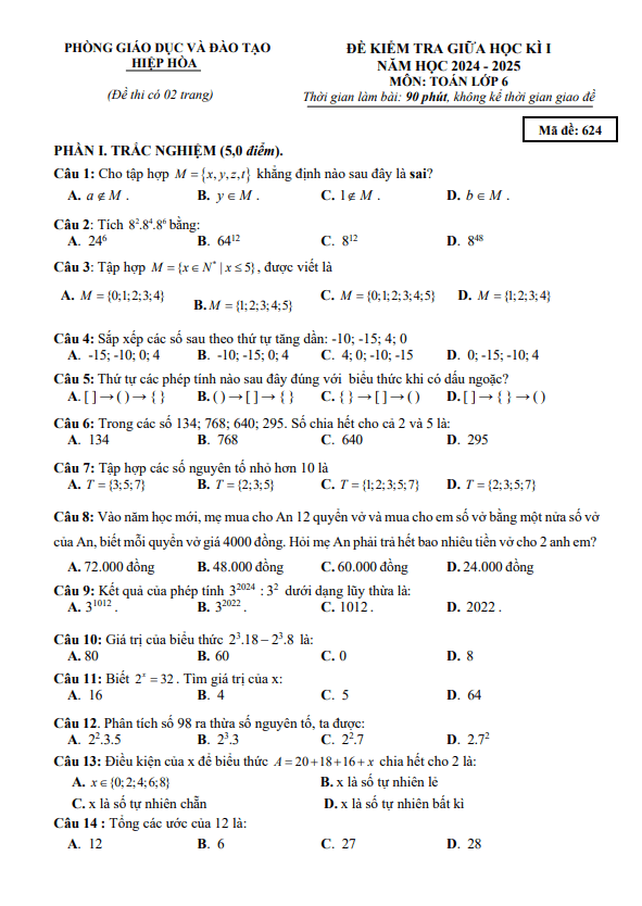 Đề giữa học kì 1 Toán 6 năm 2024 – 2025 phòng GD&ĐT Hiệp Hòa – Bắc Giang