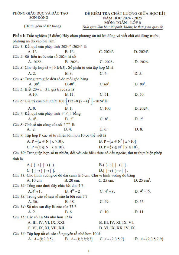 Đề giữa học kì 1 Toán 6 năm 2024 – 2025 phòng GD&ĐT Sơn Động – Bắc Giang