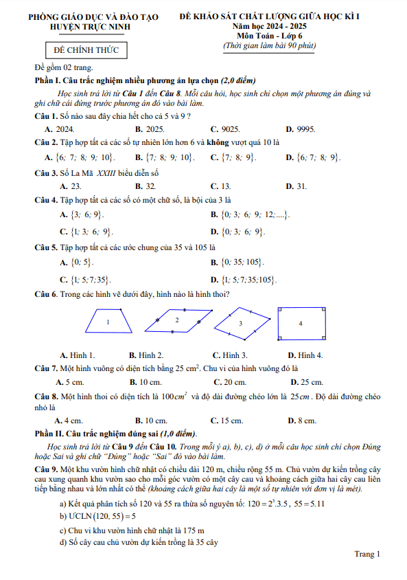 Đề giữa học kì 1 Toán 6 năm 2024 – 2025 phòng GD&ĐT Trực Ninh – Nam Định