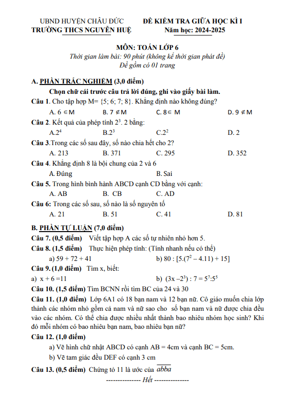 Đề giữa học kì 1 Toán 6 năm 2024 – 2025 trường THCS Nguyễn Huệ – BR VT