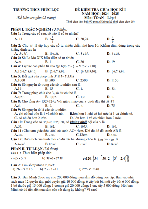 Đề giữa học kì 1 Toán 6 năm 2024 – 2025 trường THCS Phúc Lộc – Hà Tĩnh