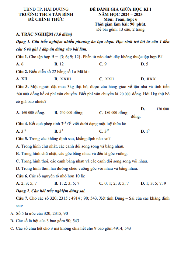 Đề giữa học kì 1 Toán 6 năm 2024 – 2025 trường THCS Tân Bình – Hải Dương