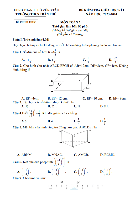 Đề giữa học kì 1 Toán 7 năm 2023 – 2024 trường THCS Trần Phú – BR VT