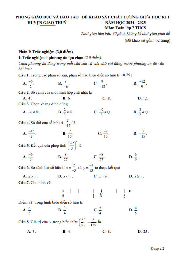Đề giữa học kì 1 Toán 7 năm 2024 – 2025 phòng GD&ĐT Giao Thủy – Nam Định