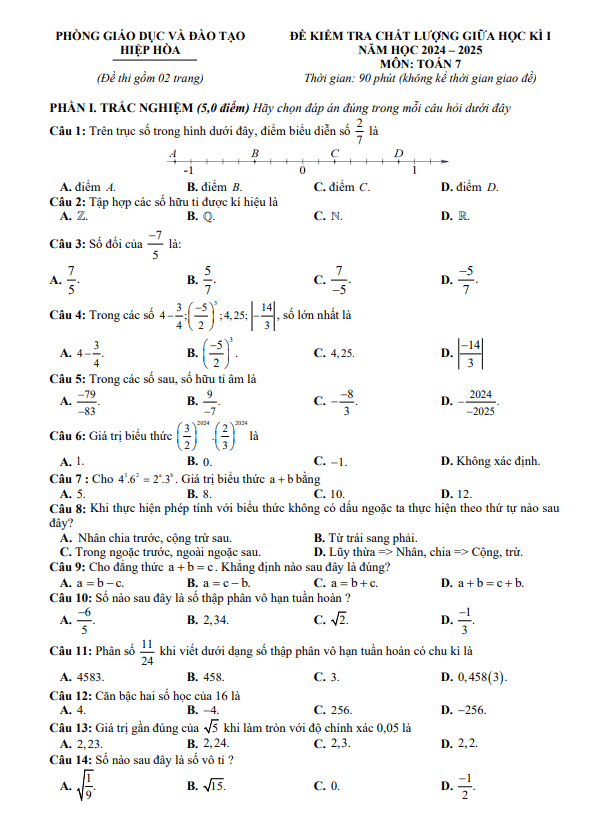 Đề giữa học kì 1 Toán 7 năm 2024 – 2025 phòng GD&ĐT Hiệp Hòa – Bắc Giang