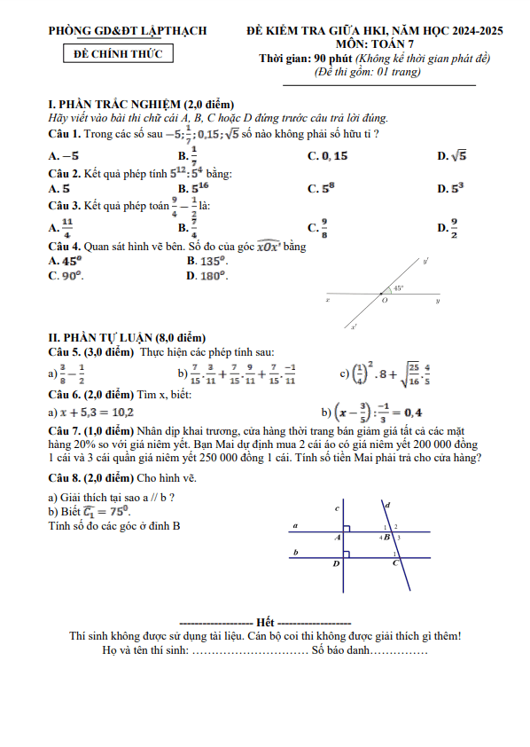 Đề giữa học kì 1 Toán 7 năm 2024 – 2025 phòng GD&ĐT Lập Thạch – Vĩnh Phúc