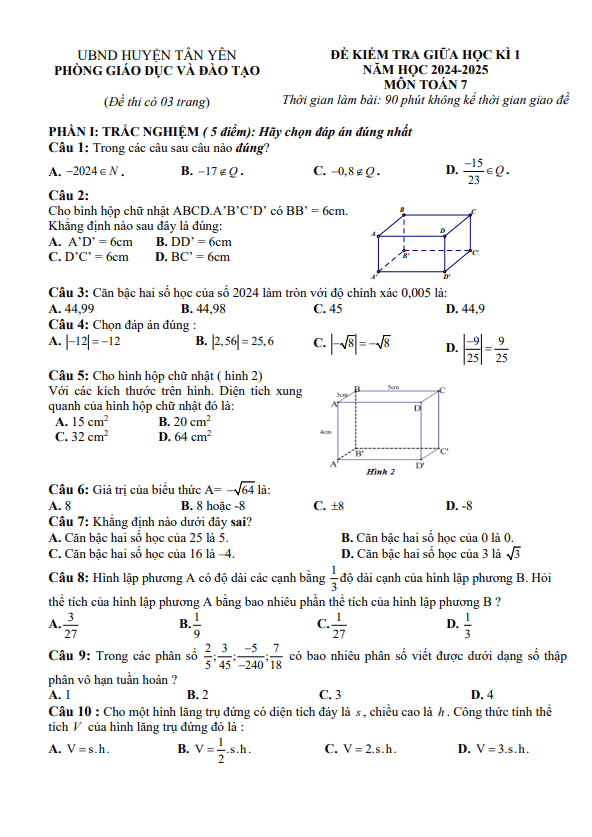 Đề giữa học kì 1 Toán 7 năm 2024 – 2025 phòng GD&ĐT Tân Yên – Bắc Giang