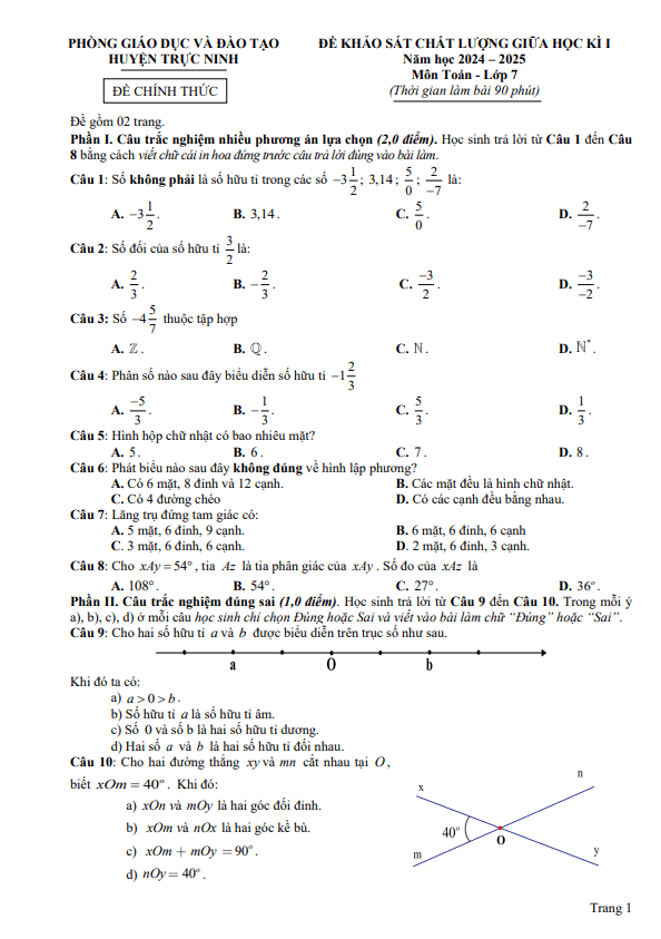 Đề giữa học kì 1 Toán 7 năm 2024 – 2025 phòng GD&ĐT Trực Ninh – Nam Định