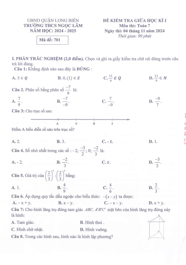 Đề giữa học kì 1 Toán 7 năm 2024 – 2025 trường THCS Ngọc Lâm – Hà Nội