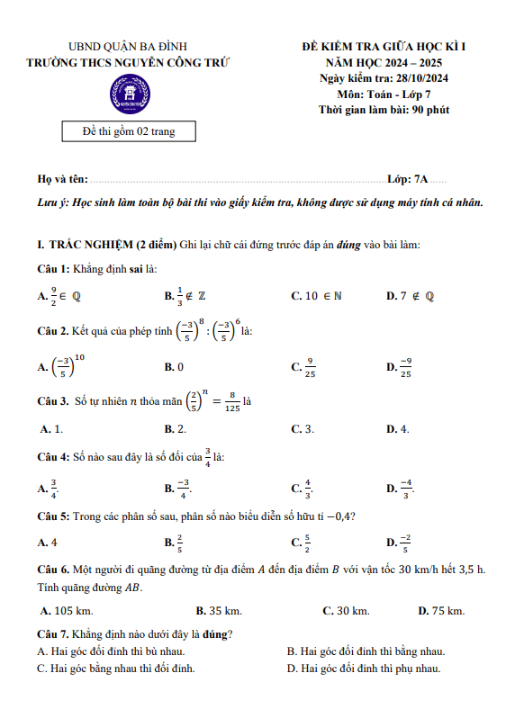 Đề giữa học kì 1 Toán 7 năm 2024 – 2025 trường THCS Nguyễn Công Trứ – Hà Nội