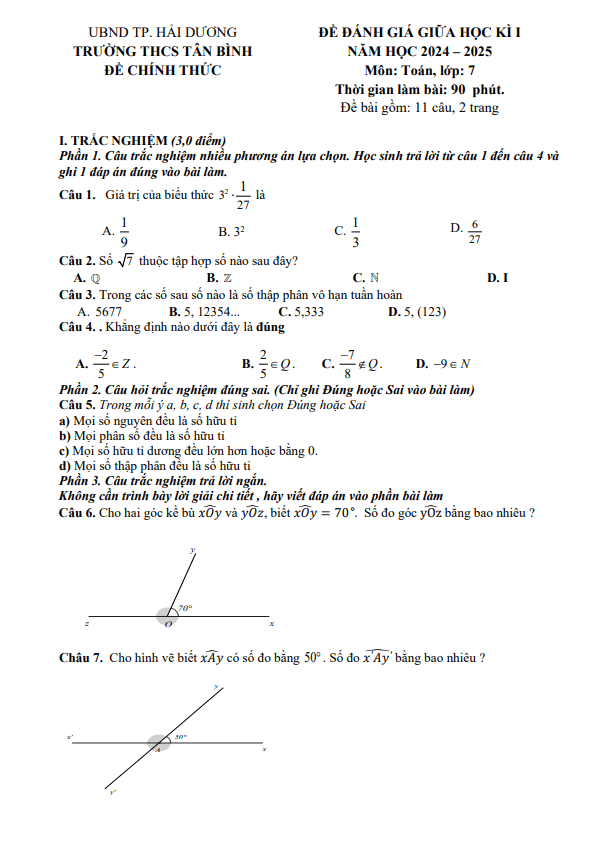 Đề giữa học kì 1 Toán 7 năm 2024 – 2025 trường THCS Tân Bình – Hải Dương