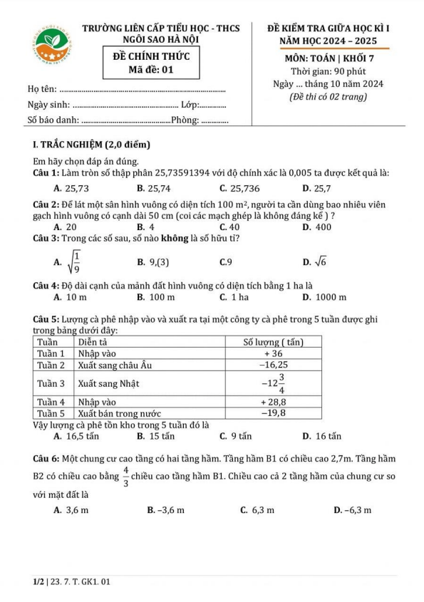 Đề giữa học kì 1 Toán 7 năm 2024 – 2025 trường TH&THCS Ngôi Sao Hà Nội