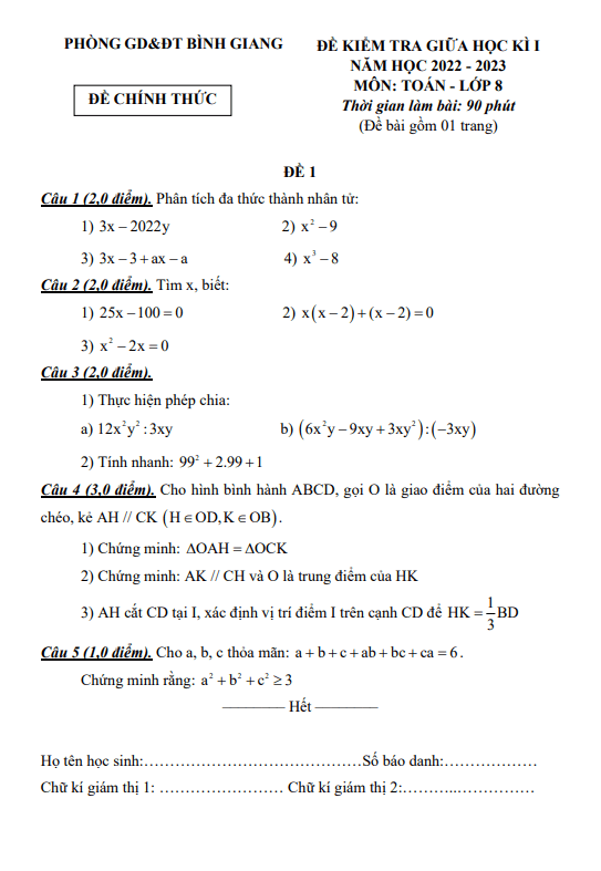 Đề giữa học kì 1 Toán 8 năm 2022 – 2023 phòng GD&ĐT Bình Giang – Hải Dương