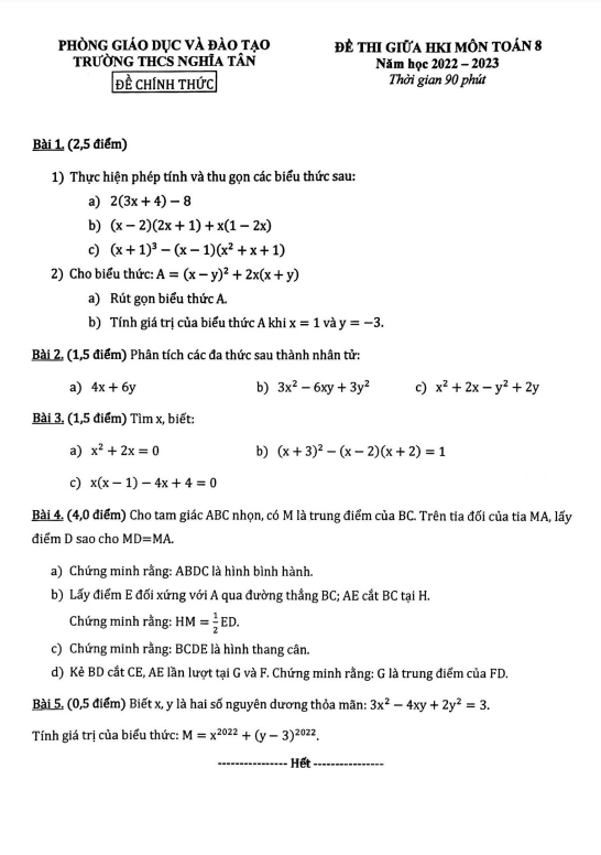 Đề giữa học kì 1 Toán 8 năm 2022 – 2023 trường THCS Nghĩa Tân – Hà Nội
