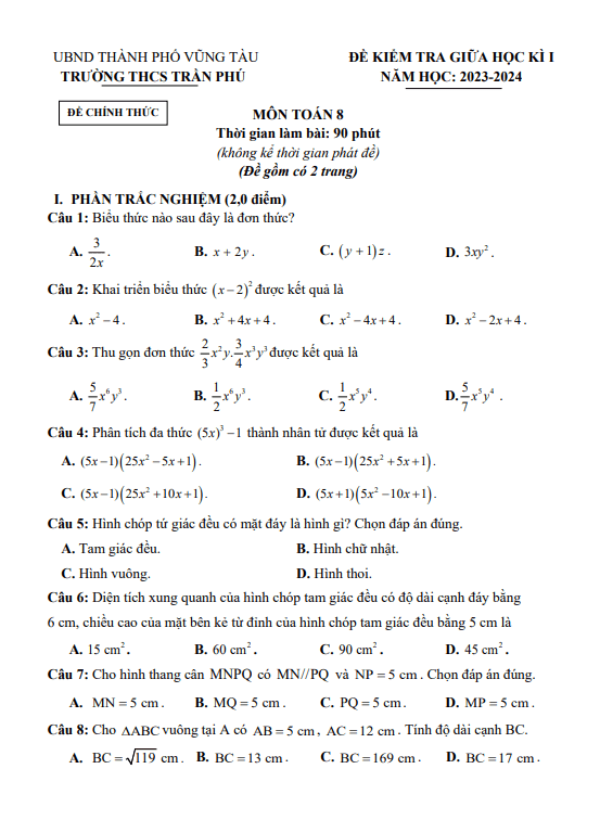 Đề giữa học kì 1 Toán 8 năm 2023 – 2024 trường THCS Trần Phú – BR VT