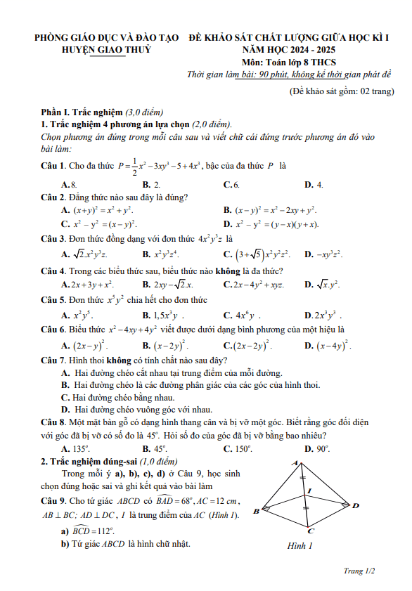 Đề giữa học kì 1 Toán 8 năm 2024 – 2025 phòng GD&ĐT Giao Thủy – Nam Định