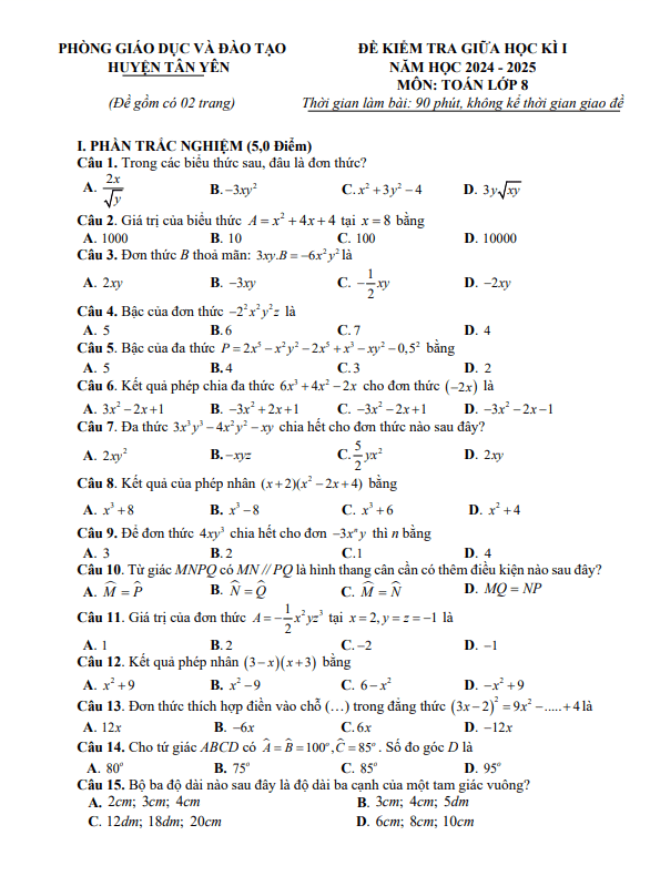 Đề giữa học kì 1 Toán 8 năm 2024 – 2025 phòng GD&ĐT Tân Yên – Bắc Giang