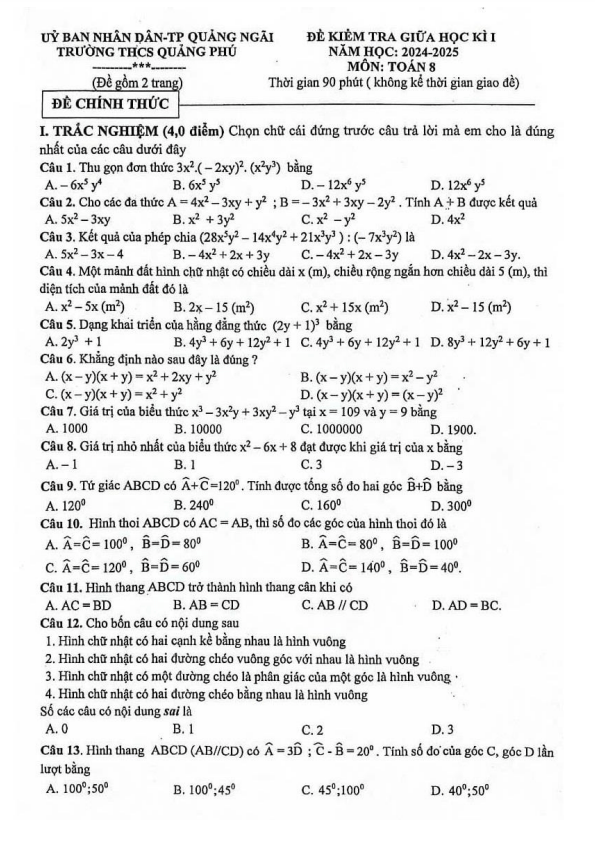 Đề giữa học kì 1 Toán 8 năm 2024 – 2025 trường THCS Quảng Phú – Quảng Ngãi